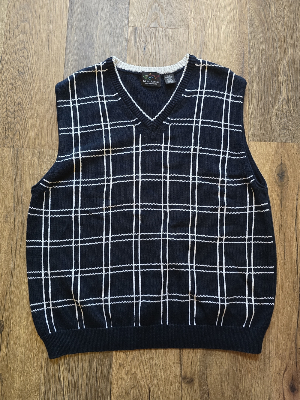 Greg Norman Collection Navy and White Windowpane V‑Neck Sweater Vest